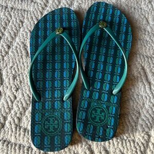 Tory Burch Blue Patterned Flip Flops